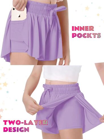 MODERN ASIR 3 Pack Girls Flowy Shorts with Spandex Liner 2-in-1 Youth Butterfly Skirts for Fitness, Running, Sports in Saudi Arabia