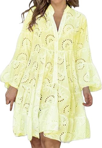Floral Dress for Women Hollow Out Lace Boho Babydoll with Lining Vintage Elegant Eyelet Flare Wedding Guest Shirt in Saudi Arabia