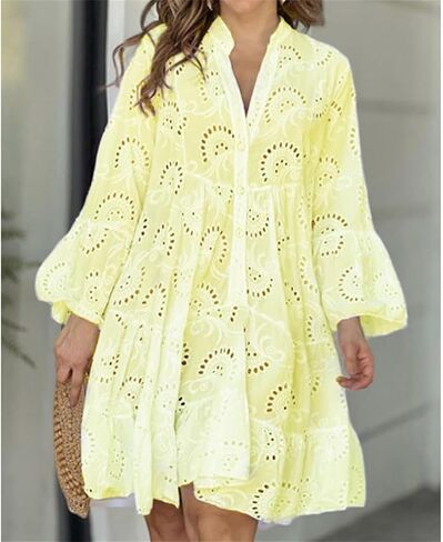 Floral Dress for Women Hollow Out Lace Boho Babydoll with Lining Vintage Elegant Eyelet Flare Wedding Guest Shirt in Saudi Arabia