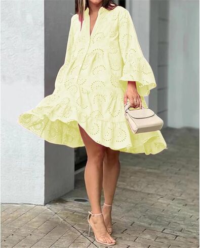 Floral Dress for Women Hollow Out Lace Boho Babydoll with Lining Vintage Elegant Eyelet Flare Wedding Guest Shirt in Saudi Arabia