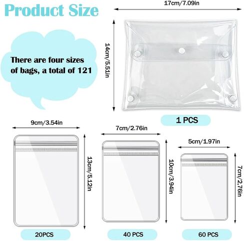 120 قطعة من أكياس المجوهرات البلاستيكية ذاتية الغلق و1 قطعة حقيبة مكياج شفافة وحقيبة تخزين المجوهرات الشفافة في 3 أحجام صغيرة بسحاب للأقراط والخواتم والقلائد لتخزين المجوهرات in Kuwait
