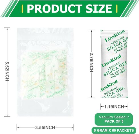 LinsKind 5 جرام [60 عبوة] عبوات جل سيليكا من الفئة الغذائية، ممتص للرطوبة للتحكم في الرطوبة - يحمي العناصر من أضرار الرطوبة in Kuwait