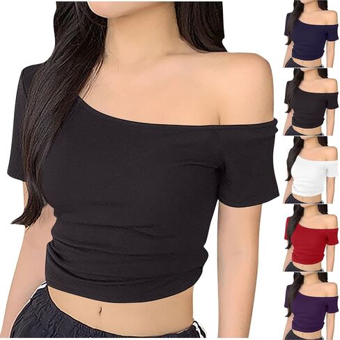 Off The Shoulder Crop Tops for Women 2025 Summer Sexy Short Sleeves Shirts Solid Y2K Blouse Workout Going Out Tshirts in Saudi Arabia
