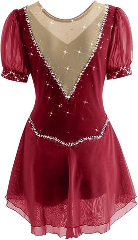 Girls' Figure Skating Dress for Competition Short Sleeves Handmade Ice Skating Dress, Customizable Uniforms in Saudi Arabia