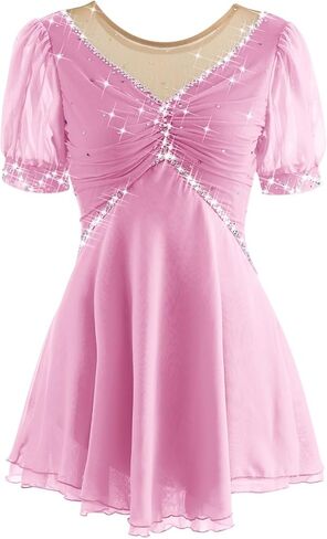 Girls' Figure Skating Dress for Competition Short Sleeves Handmade Ice Skating Dress, Customizable Uniforms in Saudi Arabia