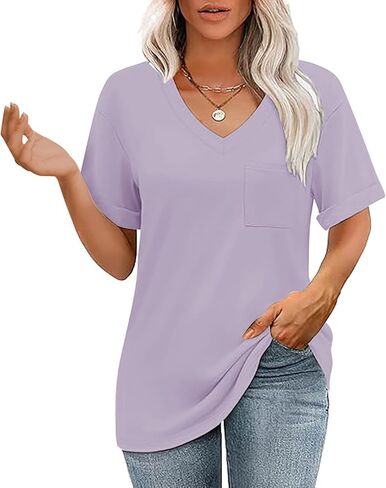 Oversized V Neck Tshirts with Pockets Shirts Summer Tops Women Short Sleeve Cute Tees Casual Loose Fit 2025 Trendy in Kuwait