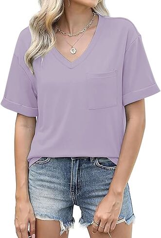Oversized V Neck Tshirts with Pockets Shirts Summer Tops Women Short Sleeve Cute Tees Casual Loose Fit 2025 Trendy in Kuwait