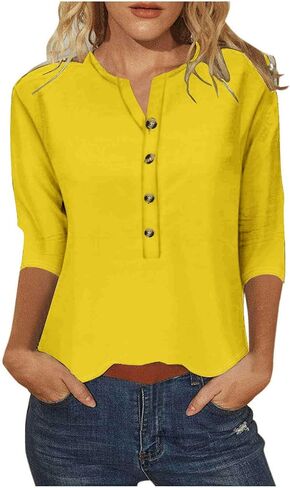 3/4 Sleeve Henley Shirts for Women 3/4 Length Sleeve Womens Tops Button Down Summer Henley Neck T Shirts Blouse Tees in Saudi Arabia
