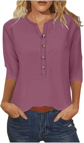 3/4 Sleeve Henley Shirts for Women 3/4 Length Sleeve Womens Tops Button Down Summer Henley Neck T Shirts Blouse Tees in Saudi Arabia