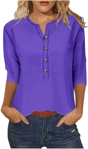 3/4 Sleeve Henley Shirts for Women 3/4 Length Sleeve Womens Tops Button Down Summer Henley Neck T Shirts Blouse Tees in Saudi Arabia