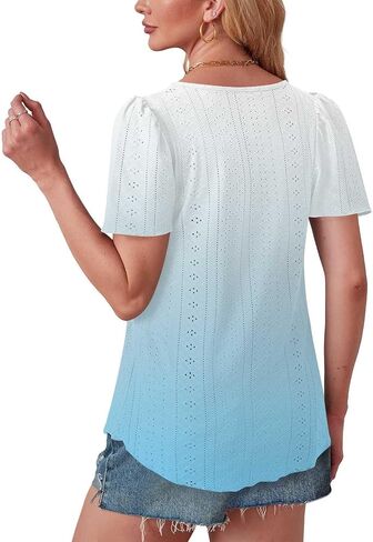 Womens Puff Short Sleeve Eyelet Tops Summer Dressy Casual Shirts Elegant Business Office Ladies Blouses Soft Tshirts in Kuwait