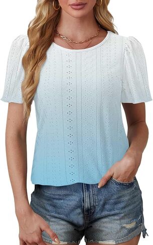 Womens Puff Short Sleeve Eyelet Tops Summer Dressy Casual Shirts Elegant Business Office Ladies Blouses Soft Tshirts in Kuwait