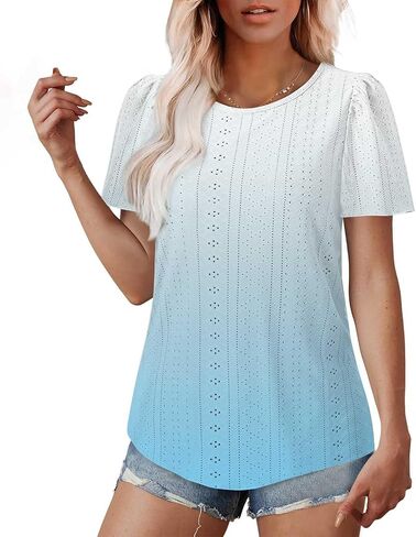 Womens Puff Short Sleeve Eyelet Tops Summer Dressy Casual Shirts Elegant Business Office Ladies Blouses Soft Tshirts in Kuwait