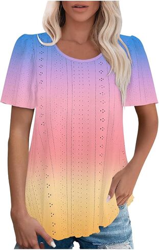 Womens Puff Short Sleeve Eyelet Tops Summer Dressy Casual Shirts Elegant Business Office Ladies Blouses Soft Tshirts in Kuwait