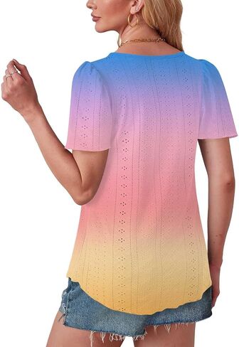 Womens Puff Short Sleeve Eyelet Tops Summer Dressy Casual Shirts Elegant Business Office Ladies Blouses Soft Tshirts in Kuwait