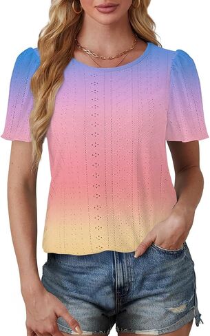 Womens Puff Short Sleeve Eyelet Tops Summer Dressy Casual Shirts Elegant Business Office Ladies Blouses Soft Tshirts in Kuwait