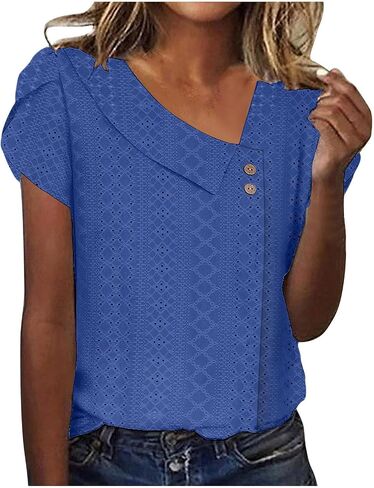 Womens Tops Eyelet Embroidery Summer Spring Casual Dressy Short Sleeve V Neck Shirts Trendy Elegant Blouse in Saudi Arabia