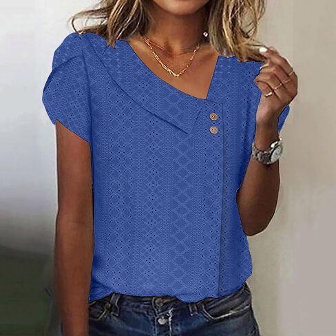 Womens Tops Eyelet Embroidery Summer Spring Casual Dressy Short Sleeve V Neck Shirts Trendy Elegant Blouse in Saudi Arabia