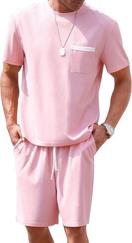 OLEMEK Men's 2 Piece Outfits Waffle Knit Shirt and Shorts Set Short Sleeve Tracksuits Athletic Casual Summer Outfit in Kuwait
