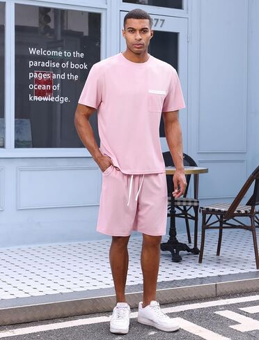 OLEMEK Men's 2 Piece Outfits Waffle Knit Shirt and Shorts Set Short Sleeve Tracksuits Athletic Casual Summer Outfit in Kuwait