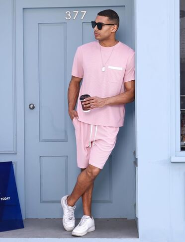 OLEMEK Men's 2 Piece Outfits Waffle Knit Shirt and Shorts Set Short Sleeve Tracksuits Athletic Casual Summer Outfit in Kuwait