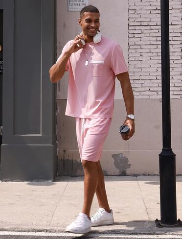 OLEMEK Men's 2 Piece Outfits Waffle Knit Shirt and Shorts Set Short Sleeve Tracksuits Athletic Casual Summer Outfit in Kuwait