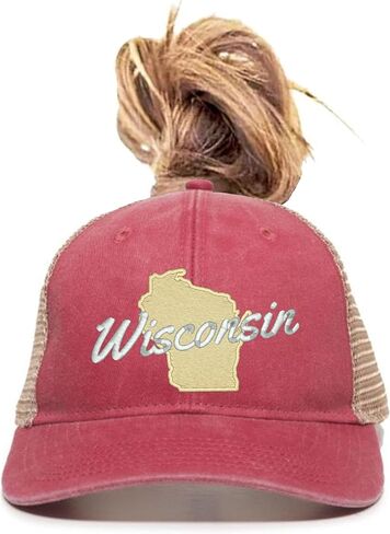 Go All Out Wisconsin Metallic Silver Script & Gold Silhouette Bucket Ponytail Visor Embroidered Cap Dad Hat in Saudi Arabia