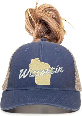 Go All Out Wisconsin Metallic Silver Script & Gold Silhouette Bucket Ponytail Visor Embroidered Cap Dad Hat in Saudi Arabia