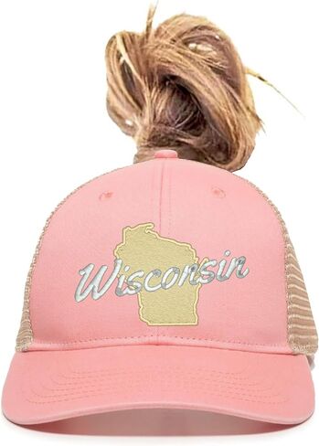 Go All Out Wisconsin Metallic Silver Script & Gold Silhouette Bucket Ponytail Visor Embroidered Cap Dad Hat in Saudi Arabia