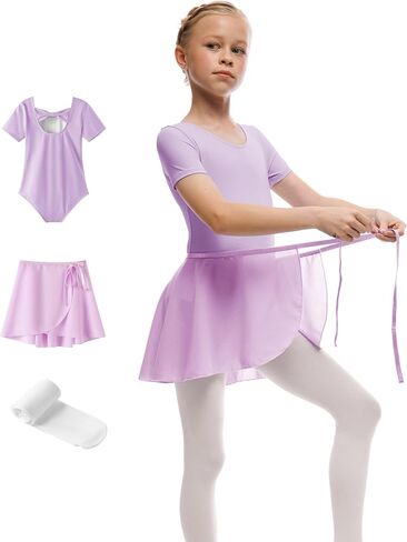 Girls Ballet Dance Short Sleeve Leotard with Removable Skirt and Tights Combo, Toddlers Gymnastics Ballerina Outfit in Saudi Arabia