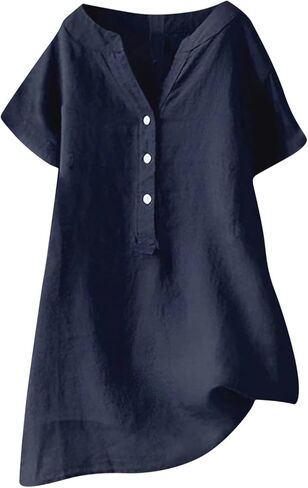 Cotton Linen Tops for Women Loose Fit Short Sleeve Henley Tops Summer Plus Size Casual Shirts Tunic Blouse in Kuwait