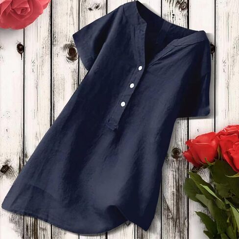 Cotton Linen Tops for Women Loose Fit Short Sleeve Henley Tops Summer Plus Size Casual Shirts Tunic Blouse in Kuwait