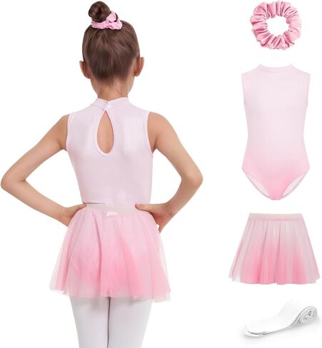 JiAmy Girls Ballet Leotards 4 Pcs with Removable Skirt Gradient Color Dance Dress Outfit Combo Tights Scrunchy 4-12Y in Saudi Arabia
