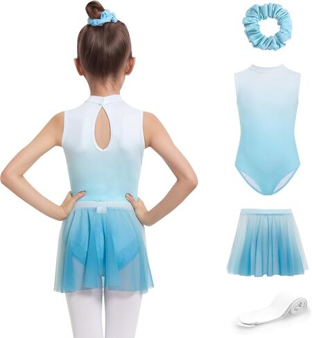 JiAmy Girls Ballet Leotards 4 Pcs with Removable Skirt Gradient Color Dance Dress Outfit Combo Tights Scrunchy 4-12Y in Saudi Arabia