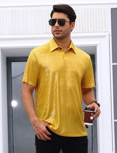 Men's 70s Disco Sparkly Shirt Short Sleeve Metallic Polo Shirts Party T-Shirts Nightclub Shirt Tops in Saudi Arabia