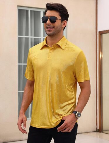 Men's 70s Disco Sparkly Shirt Short Sleeve Metallic Polo Shirts Party T-Shirts Nightclub Shirt Tops in Saudi Arabia
