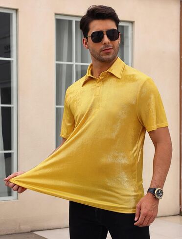 Men's 70s Disco Sparkly Shirt Short Sleeve Metallic Polo Shirts Party T-Shirts Nightclub Shirt Tops in Saudi Arabia