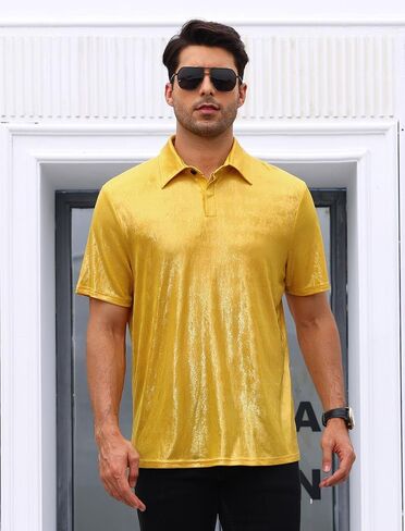 Men's 70s Disco Sparkly Shirt Short Sleeve Metallic Polo Shirts Party T-Shirts Nightclub Shirt Tops in Saudi Arabia