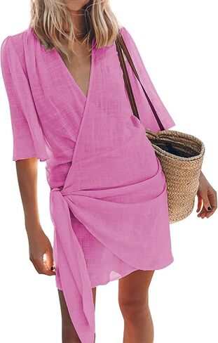 Womens Linen Mini Dress Summer Cross V-Neck Half Sleeve Dresses Casual Lightweight Wrap Tie Waist Bodycon Dresses in Saudi Arabia