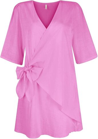 Womens Linen Mini Dress Summer Cross V-Neck Half Sleeve Dresses Casual Lightweight Wrap Tie Waist Bodycon Dresses in Saudi Arabia
