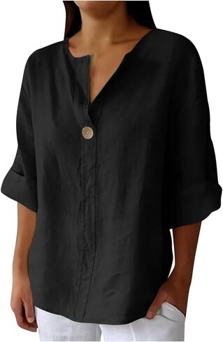 Linen Tops for Women 2025 Summer Trendy 3/4 Sleeve Cotton Linen Shirt Casual Button V Neck Tunic Blouses Plus Size in Kuwait