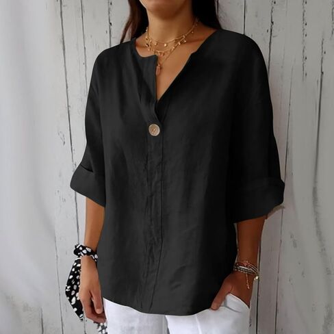 Linen Tops for Women 2025 Summer Trendy 3/4 Sleeve Cotton Linen Shirt Casual Button V Neck Tunic Blouses Plus Size in Kuwait