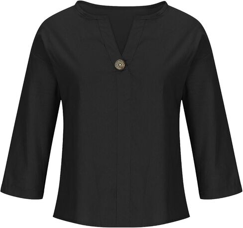 Linen Tops for Women 2025 Summer Trendy 3/4 Sleeve Cotton Linen Shirt Casual Button V Neck Tunic Blouses Plus Size in Kuwait