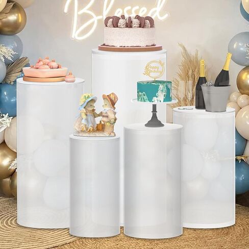 Set of 5 Clear Cylinder Pedestal Stand with Covers, Cilindros para Fiestas Redondos Blancos, Acrylic Cylinder Stands and Cover Set for Party Wedding Birthday Baby Shower Event Decor Display in Saudi Arabia