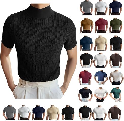 Mock Turtleneck Shirts for Men Solid Knitted Short Sleeve T Shirts Stretch Slim Lightweight Tshirt Basic Undershirts in Saudi Arabia