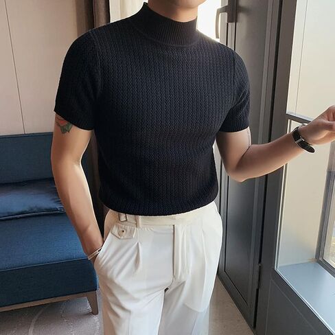Mock Turtleneck Shirts for Men Solid Knitted Short Sleeve T Shirts Stretch Slim Lightweight Tshirt Basic Undershirts in Saudi Arabia