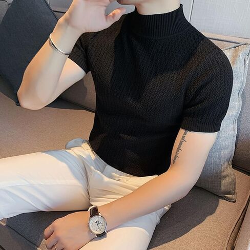 Mock Turtleneck Shirts for Men Solid Knitted Short Sleeve T Shirts Stretch Slim Lightweight Tshirt Basic Undershirts in Saudi Arabia