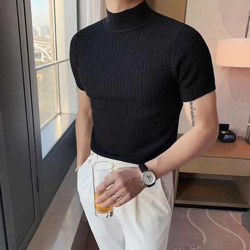 Mock Turtleneck Shirts for Men Solid Knitted Short Sleeve T Shirts Stretch Slim Lightweight Tshirt Basic Undershirts in Saudi Arabia