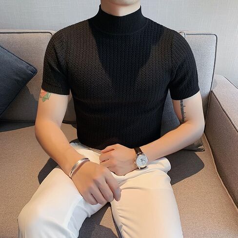 Mock Turtleneck Shirts for Men Solid Knitted Short Sleeve T Shirts Stretch Slim Lightweight Tshirt Basic Undershirts in Saudi Arabia