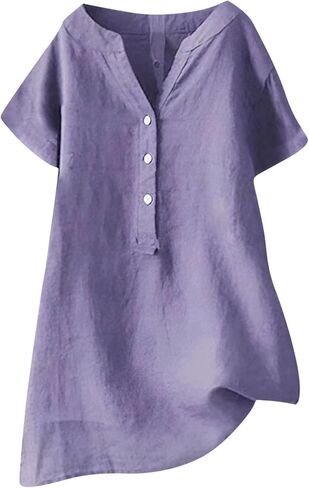 Cotton Linen Tops for Women Loose Fit Short Sleeve Henley Tops Summer Plus Size Casual Shirts Tunic Blouse in Kuwait